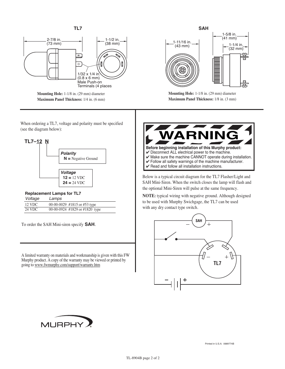 Warning, Typical wiring diagram, How to order | Dimensions | Murphy Flasher Alarm Light and Mini-Siren SAH User Manual | Page 2 / 2