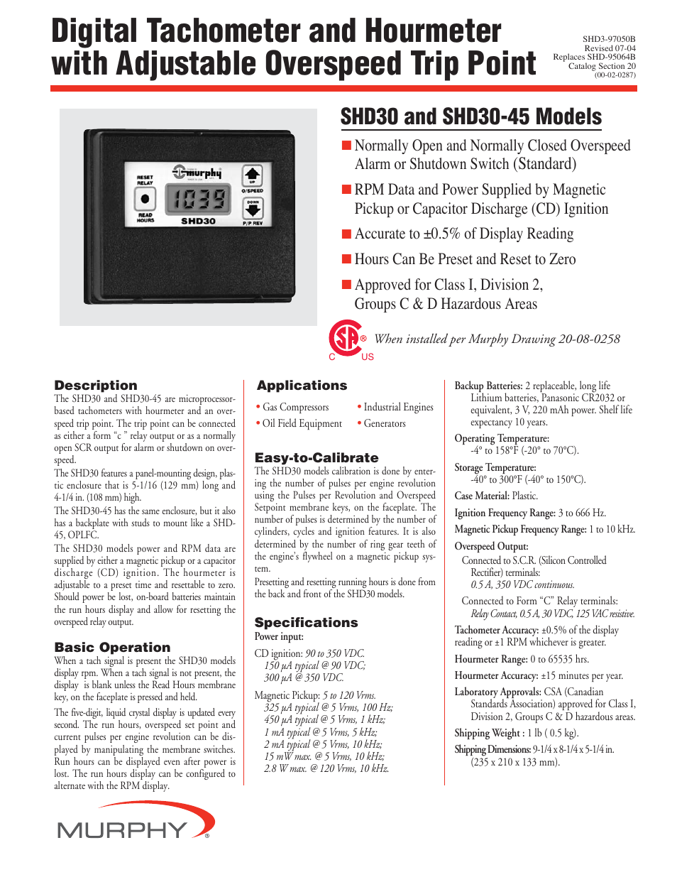 Murphy Digital Tach/Hourmeter with Overspeed Trip Point SHD30-45 User Manual | 2 pages