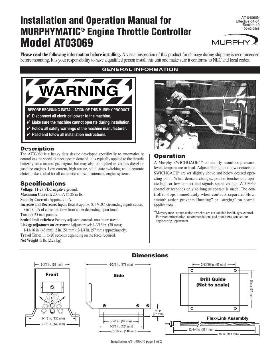 Murphy Engine Throttle Controller AT-04060N User Manual | 2 pages