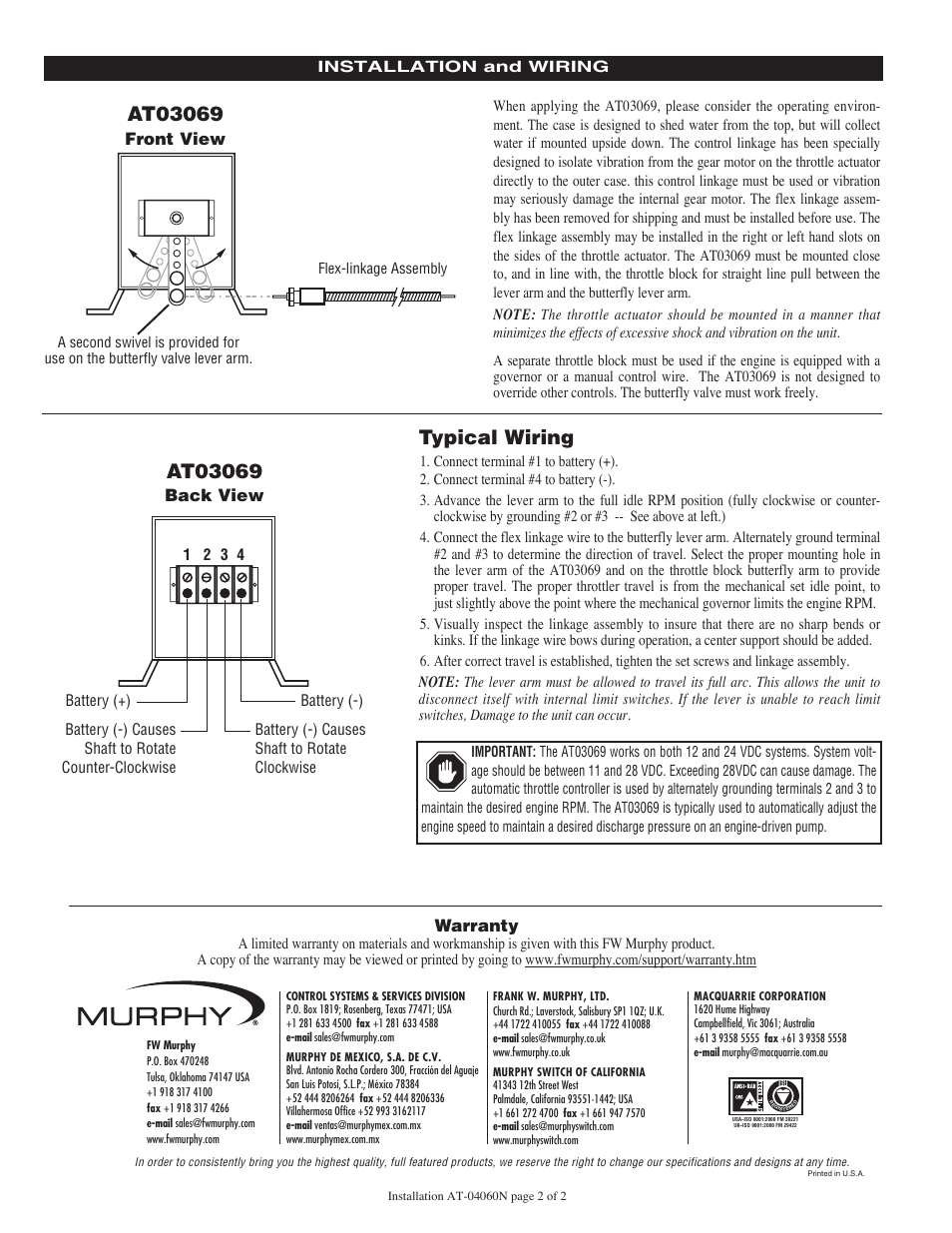 Typical wiring, Back view, Front view | Warranty | Murphy Engine Throttle Controller AT-04060N User Manual | Page 2 / 2