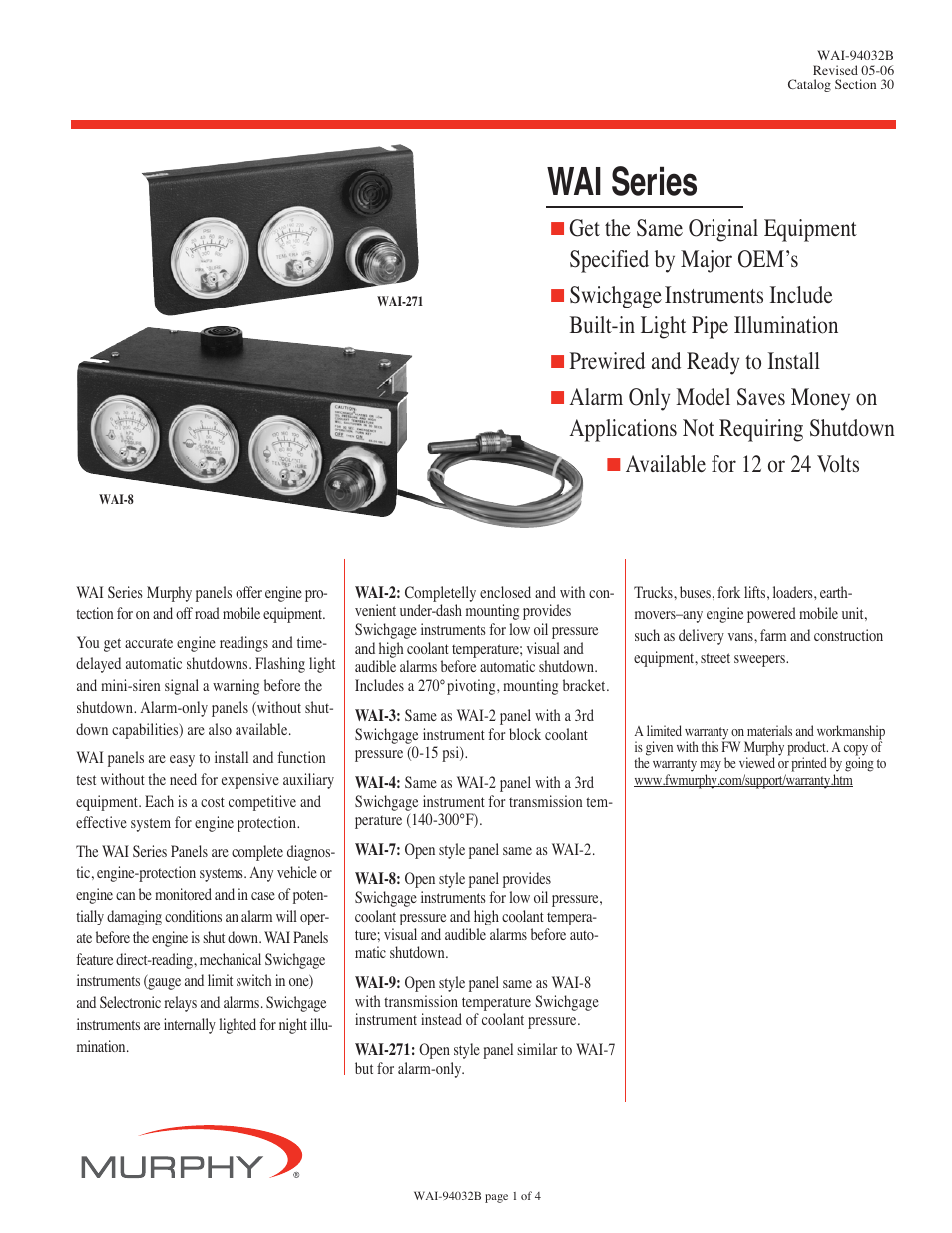 Murphy Swichgage Shutdown Panels WAI Series User Manual | 4 pages