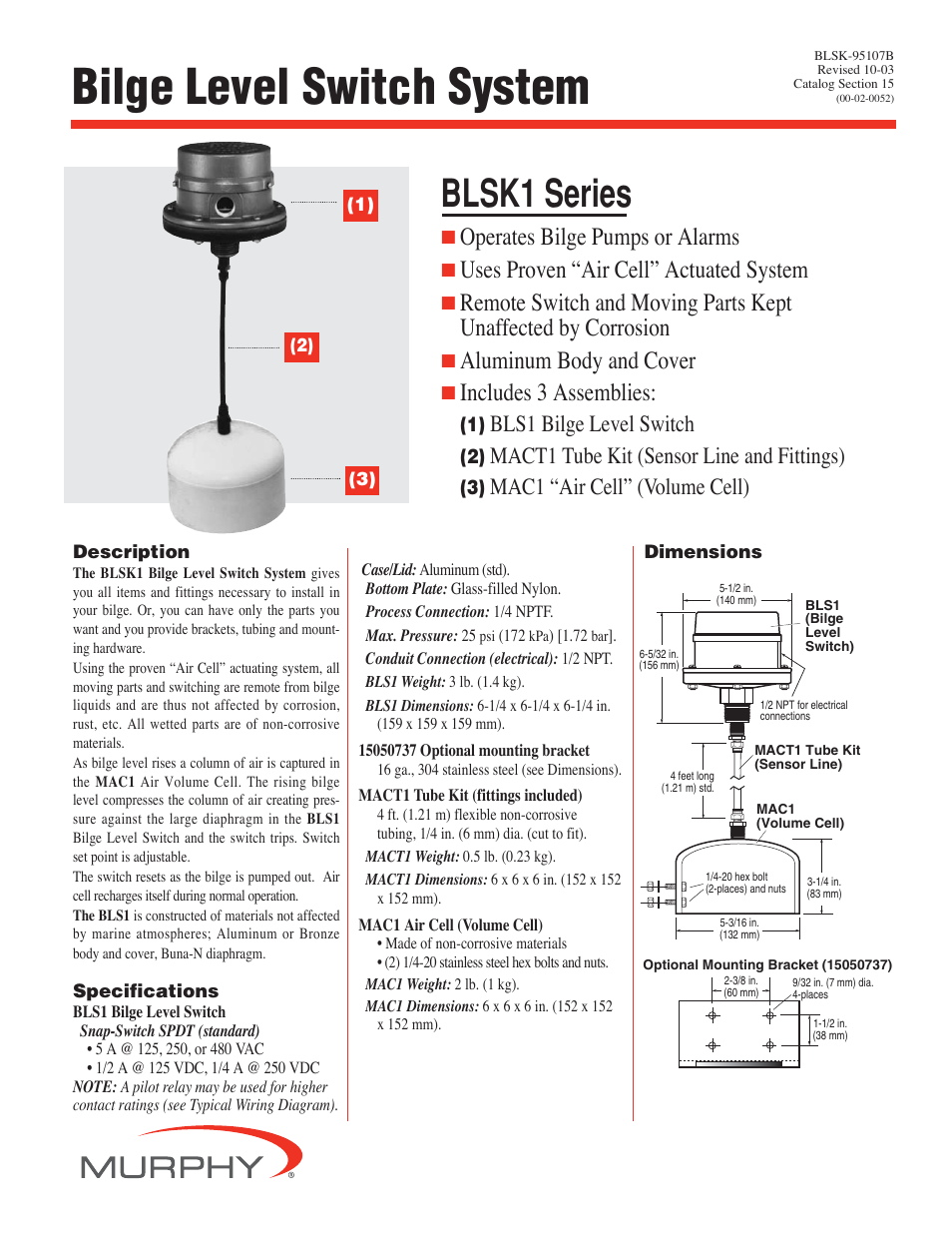 Murphy Bilge Level Switch System BLSK1 Series User Manual | 2 pages