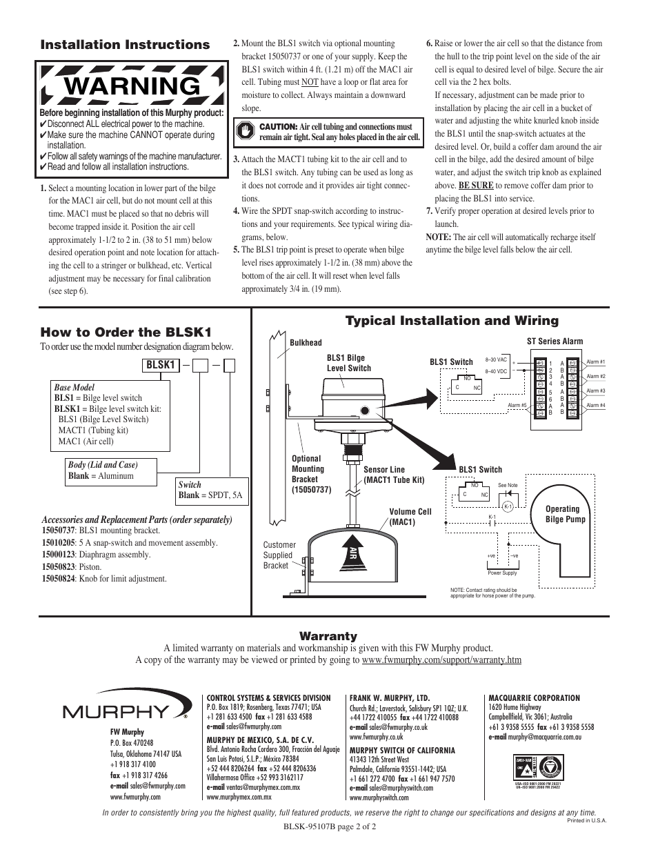 Warning, Installation instructions, How to order the blsk1 | Typical installation and wiring, Warranty, Blsk1 | Murphy Bilge Level Switch System BLSK1 Series User Manual | Page 2 / 2