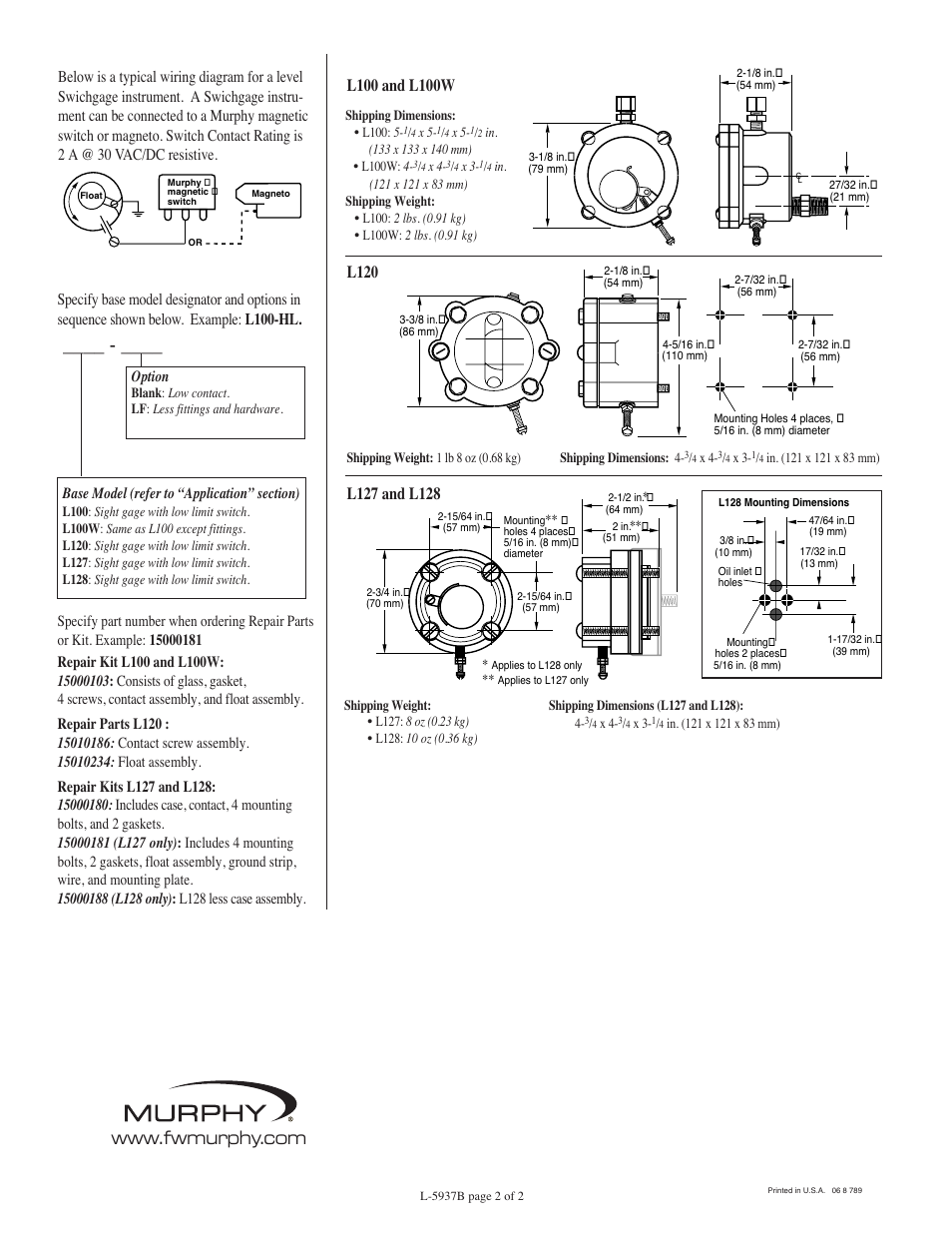 Typical wiring diagram how to order, Dimensions | Murphy L-5937B User Manual | Page 2 / 2