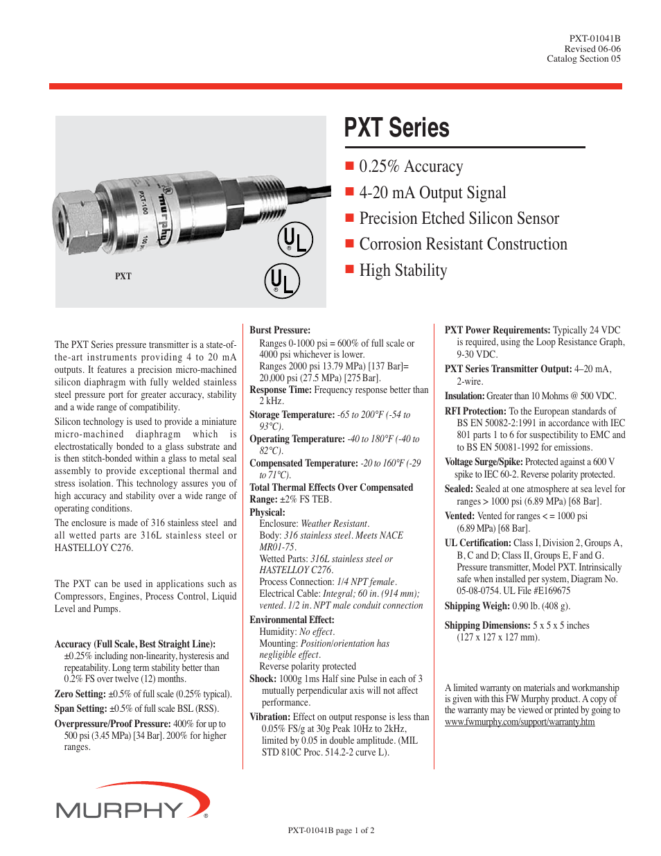 Murphy Pressure Transmitters PXT-01041B User Manual | 2 pages