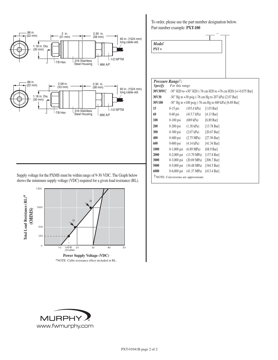 How to order, Loop resistance graph, Pxt series dimensions | Ohms) | Murphy Pressure Transmitters PXT-01041B User Manual | Page 2 / 2