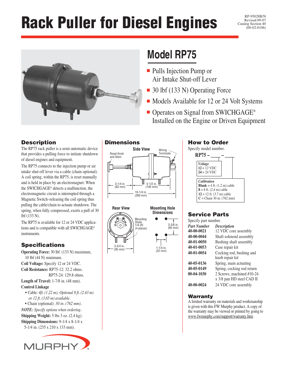 Murphy Rack Puller RP75 User Manual | 2 pages