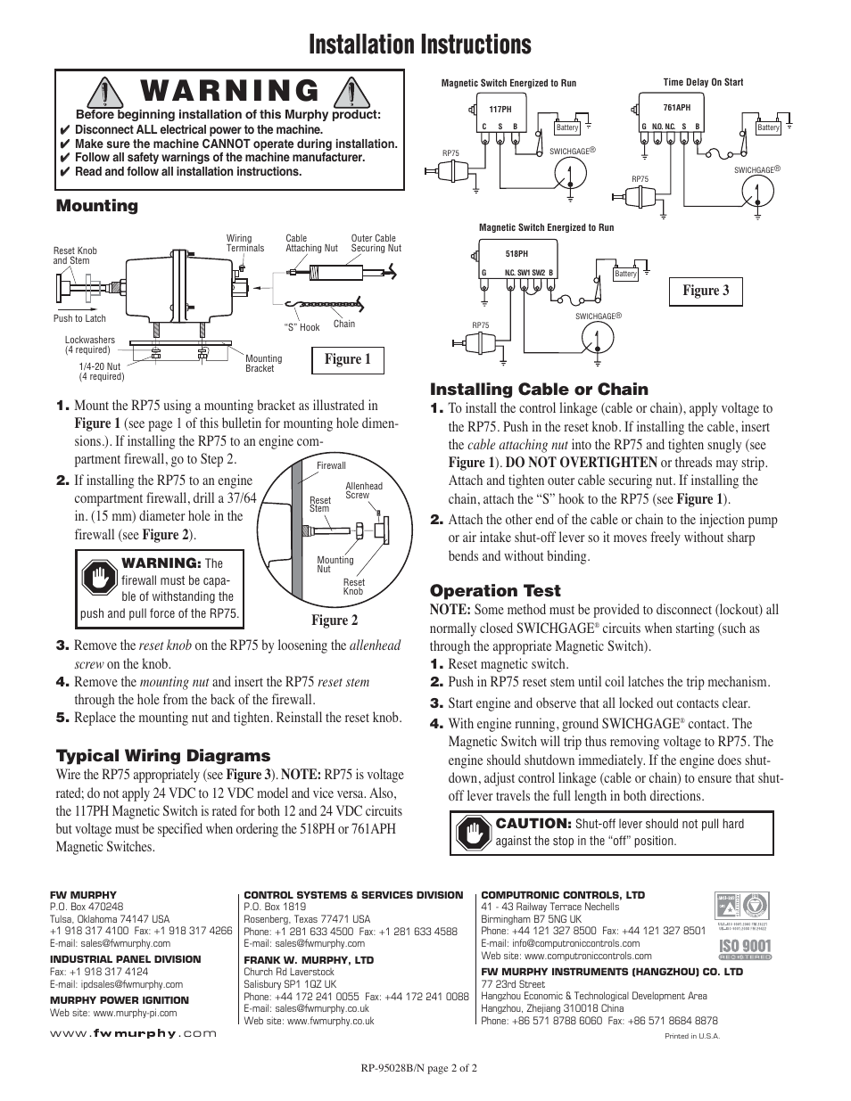 Installation instructions, Fwmurphy, Mounting | Typical wiring diagrams, Installing cable or chain, Operation test, Reset magnetic switch, With engine running, ground swichgage, Figure 1 figure 2 figure 3 | Murphy Rack Puller RP75 User Manual | Page 2 / 2