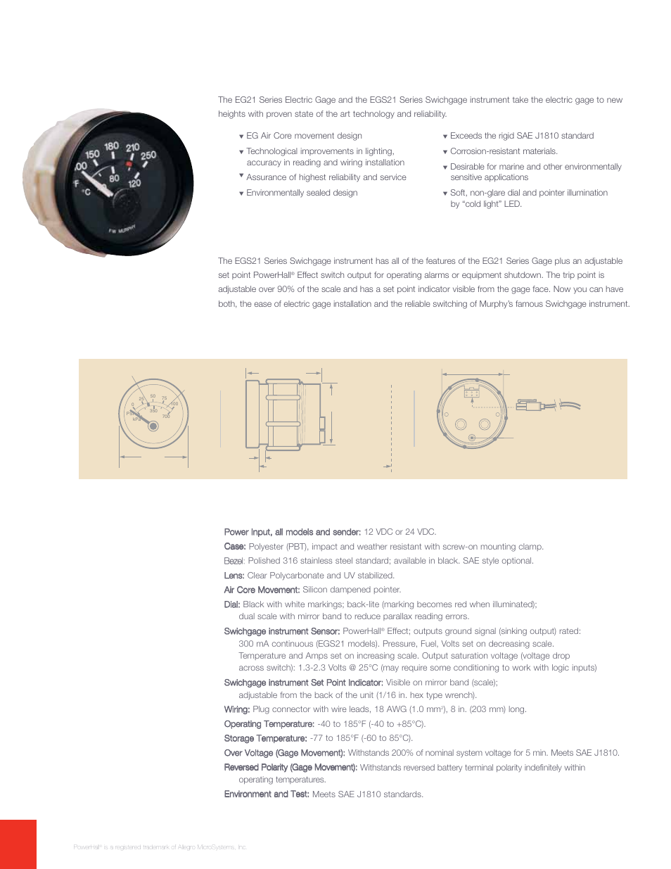 Sharper accuracy. higher durability. advanced, Technology, Electric swichgage instrument | Specifications, Dimensions | Murphy Electric Gage and Swichgage User Manual | Page 2 / 4