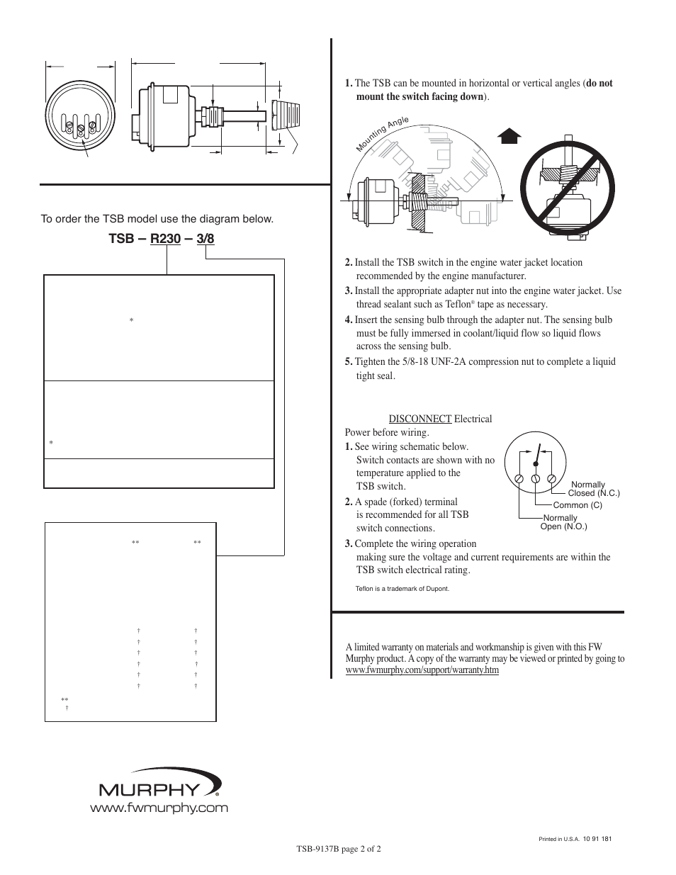 Installation instructions, Dimensions, How to order | Mounting, Wiring, R230, Warranty | Murphy TSB User Manual | Page 2 / 2