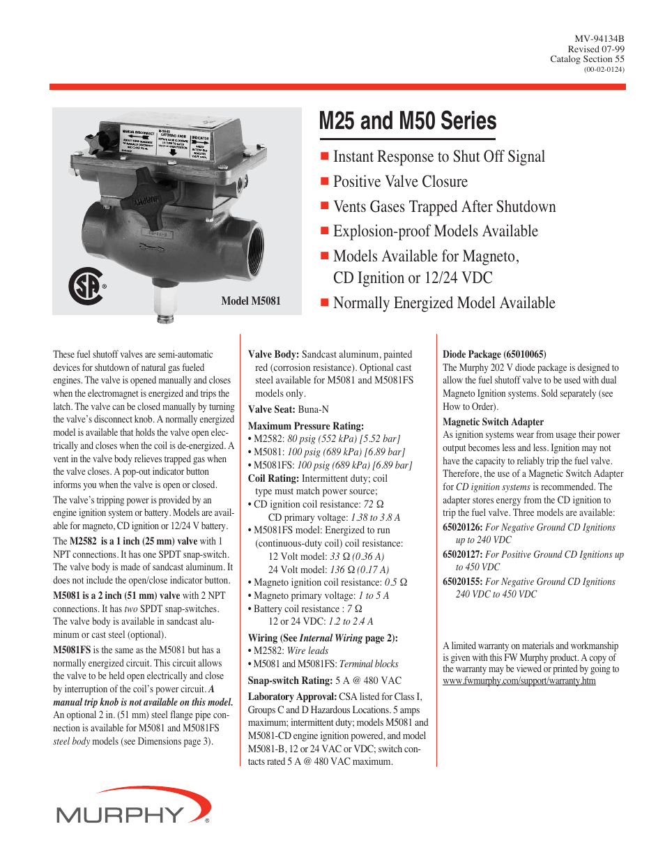 Murphy Electromechanical Fuel Shutoff Valves M25 User Manual | 4 pages