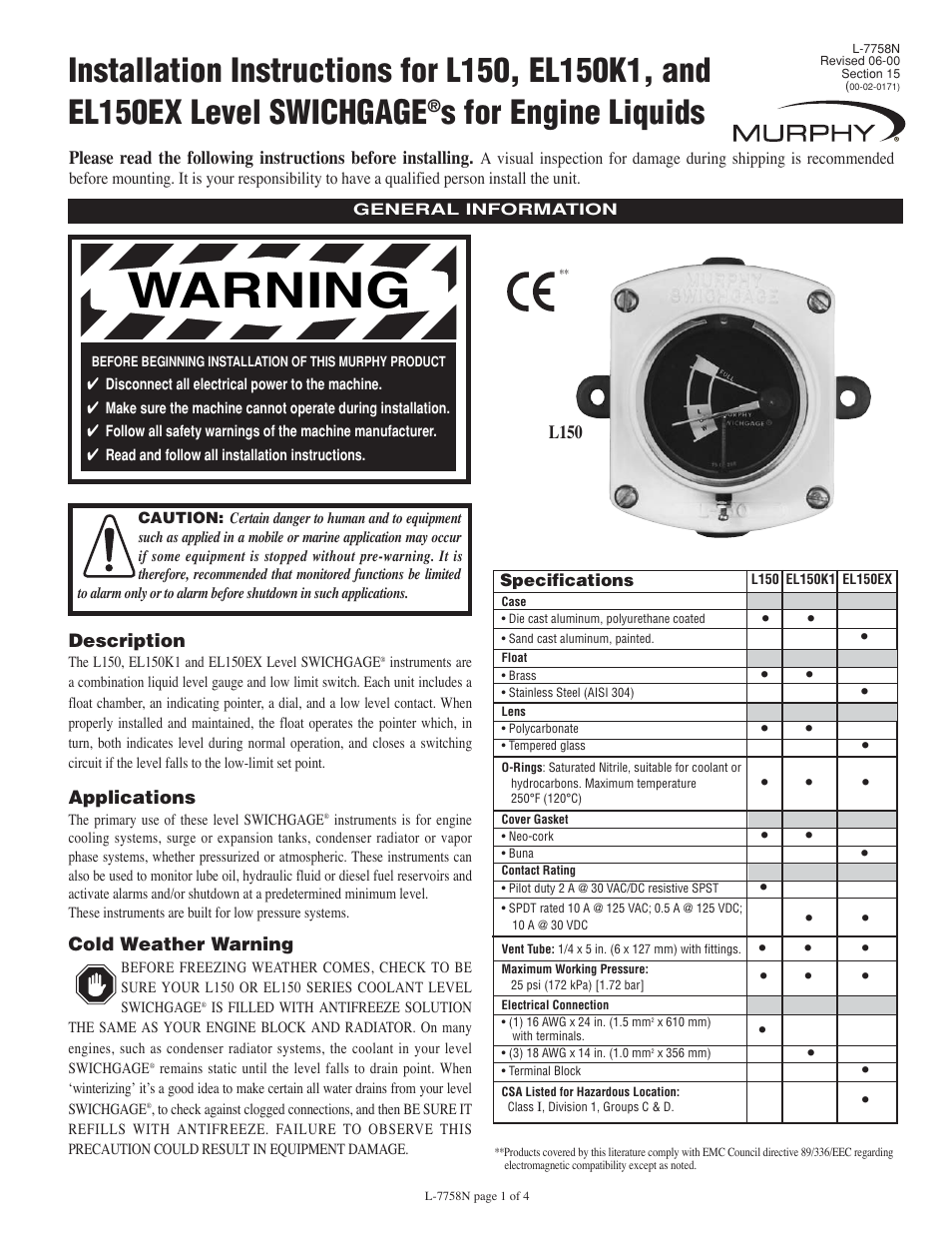 Murphy EL150EX User Manual | 4 pages