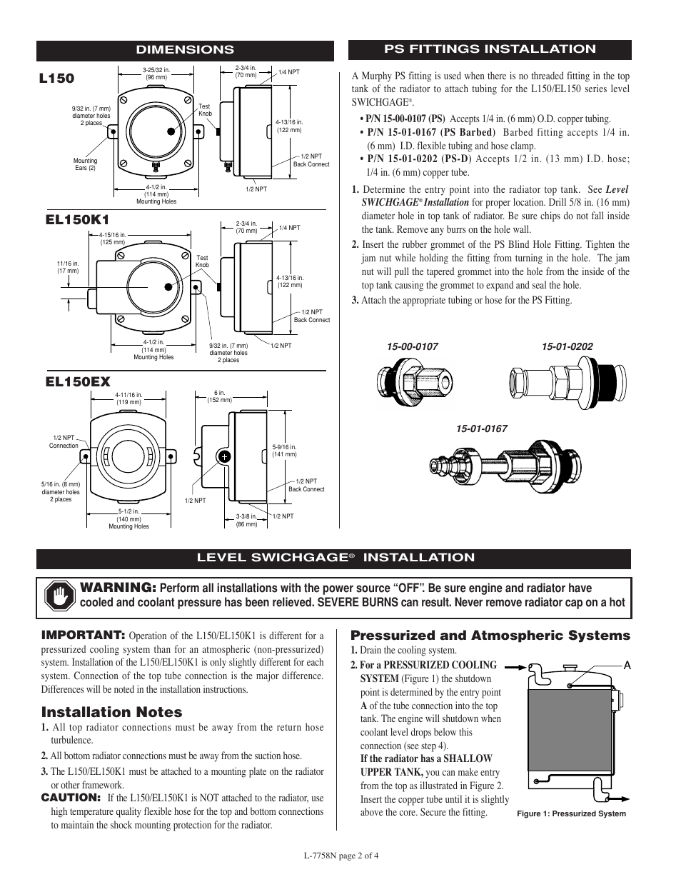 Warning, El150ex, Pressurized and atmospheric systems | Important, Installation | Murphy EL150EX User Manual | Page 2 / 4