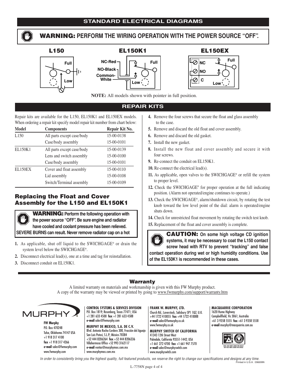 Warning, Caution, Warranty | Murphy EL150EX User Manual | Page 4 / 4