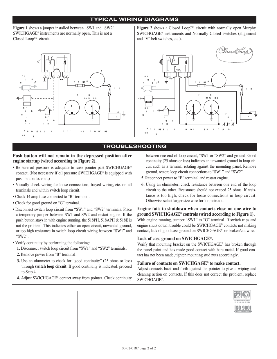 Controls (wired according to figure 1), Lack of case ground on swichgage, Failure of contacts on swichgage | Figure 2 figure 1, Contact. (not necessary if oil pressure swichgage, Or broken/cut wire, Verify that mounting bracket on the swichgage, Troubleshooting typical wiring diagrams | Murphy TATTLETALE 518E User Manual | Page 2 / 2