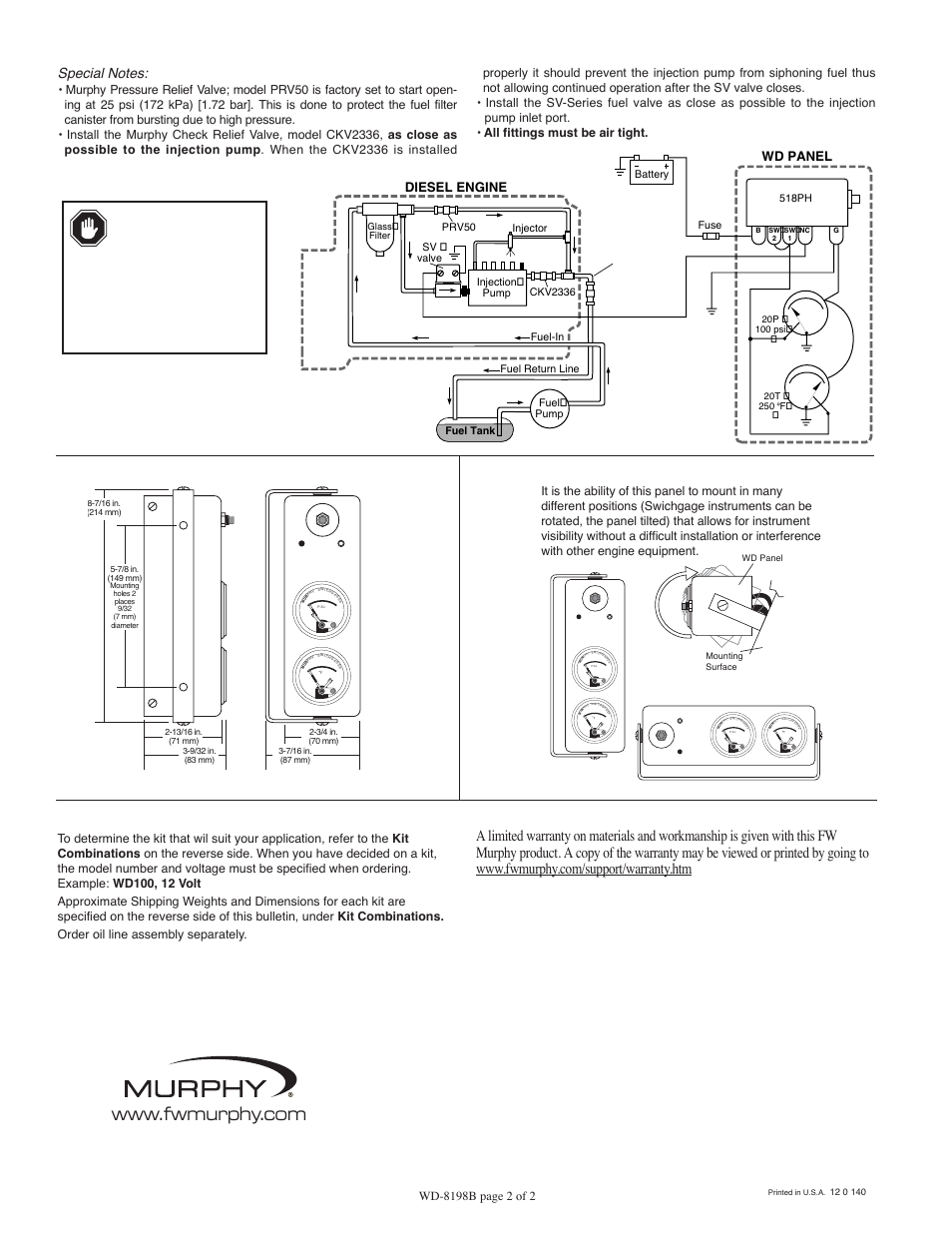 How to order, Typical wiring to diesel engine, Rotating/tilting panel | Dimensions, Warranty, Diesel engine, Wd panel, Fuel tank, 518ph fuse, Battery | Murphy Swichgage Kits WD100 User Manual | Page 2 / 2