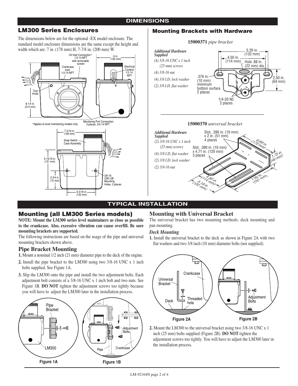 Lm300 series enclosures, Mounting (all lm300 series models), Pipe bracket mounting | Mounting with universal bracket, Mounting brackets with hardware, Deck mounting | Murphy Series LM300 User Manual | Page 2 / 4