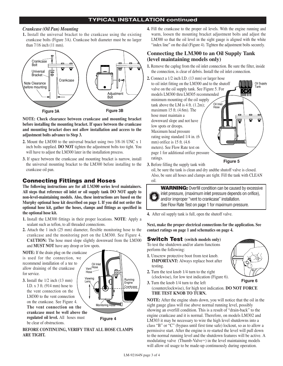 Connecting fittings and hoses, Switch test | Murphy Series LM300 User Manual | Page 3 / 4