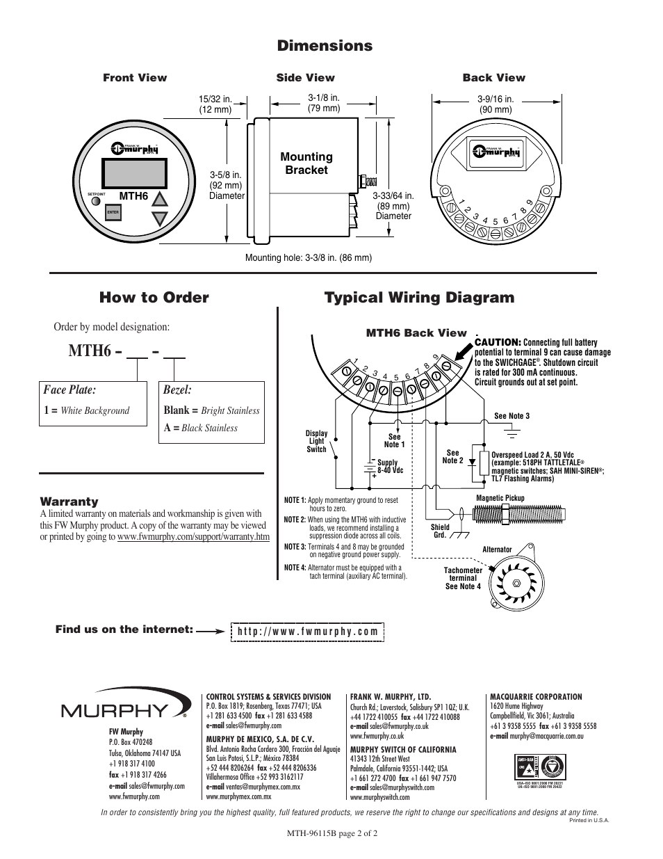 Mth6, Typical wiring diagram, How to order dimensions | Bezel, Face plate, Order by model designation, Blank, Warranty, Mounting bracket | Murphy MTH6 User Manual | Page 2 / 2