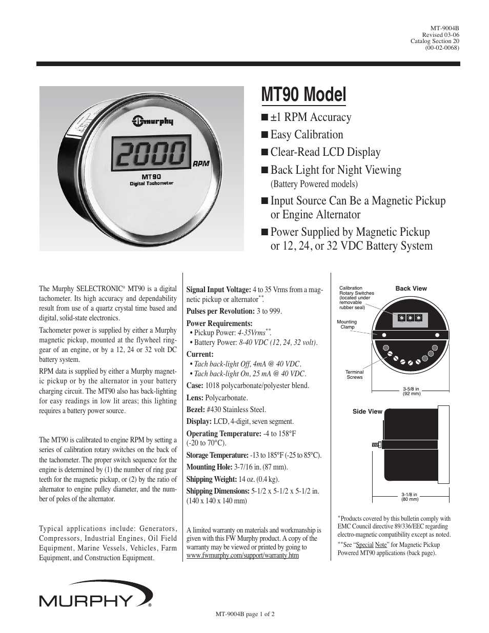 Murphy Selectronic MT90 User Manual | 2 pages