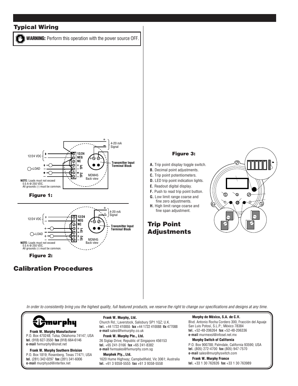 Calibration procedures, Trip point adjustments, Typical wiring | Separate transmitter power source, Common transmitter power source, Faceplate diagram | Murphy Digital Loop Monitor MDM45 User Manual | Page 2 / 2