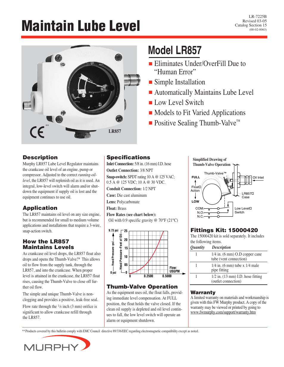Murphy Lube Level Regulator LR857 User Manual | 2 pages