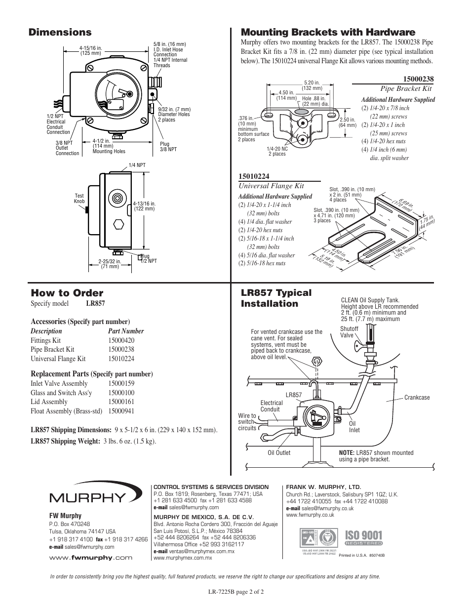 How to order, Mounting brackets with hardware, Dimensions | Lr857 typical installation, Accessories, Replacement parts | Murphy Lube Level Regulator LR857 User Manual | Page 2 / 2