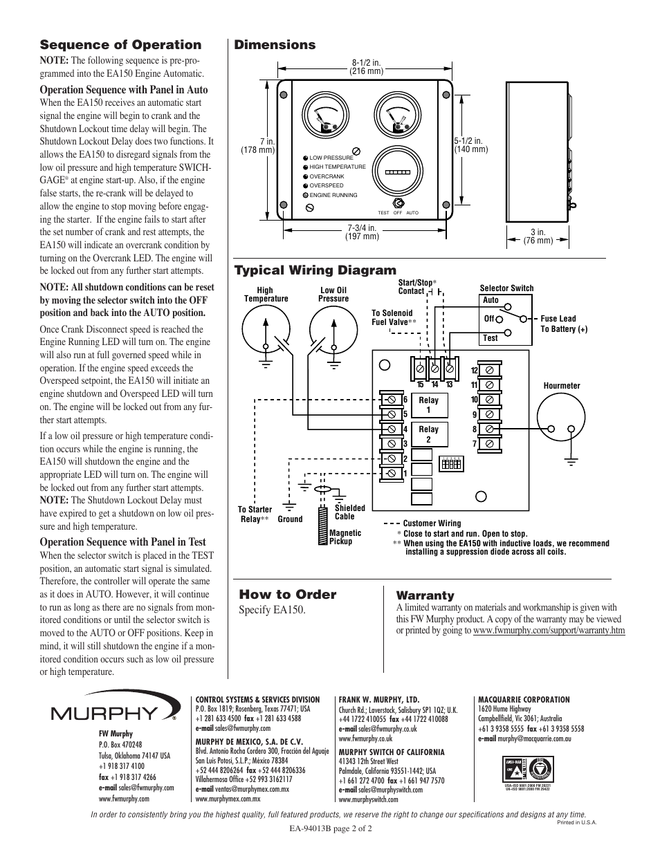 Sequence of operation, How to order, Dimensions typical wiring diagram | Operation sequence with panel in auto, Operation sequence with panel in test, Specify ea150, Warranty | Murphy Automatic Engine Controller EA150 User Manual | Page 2 / 2