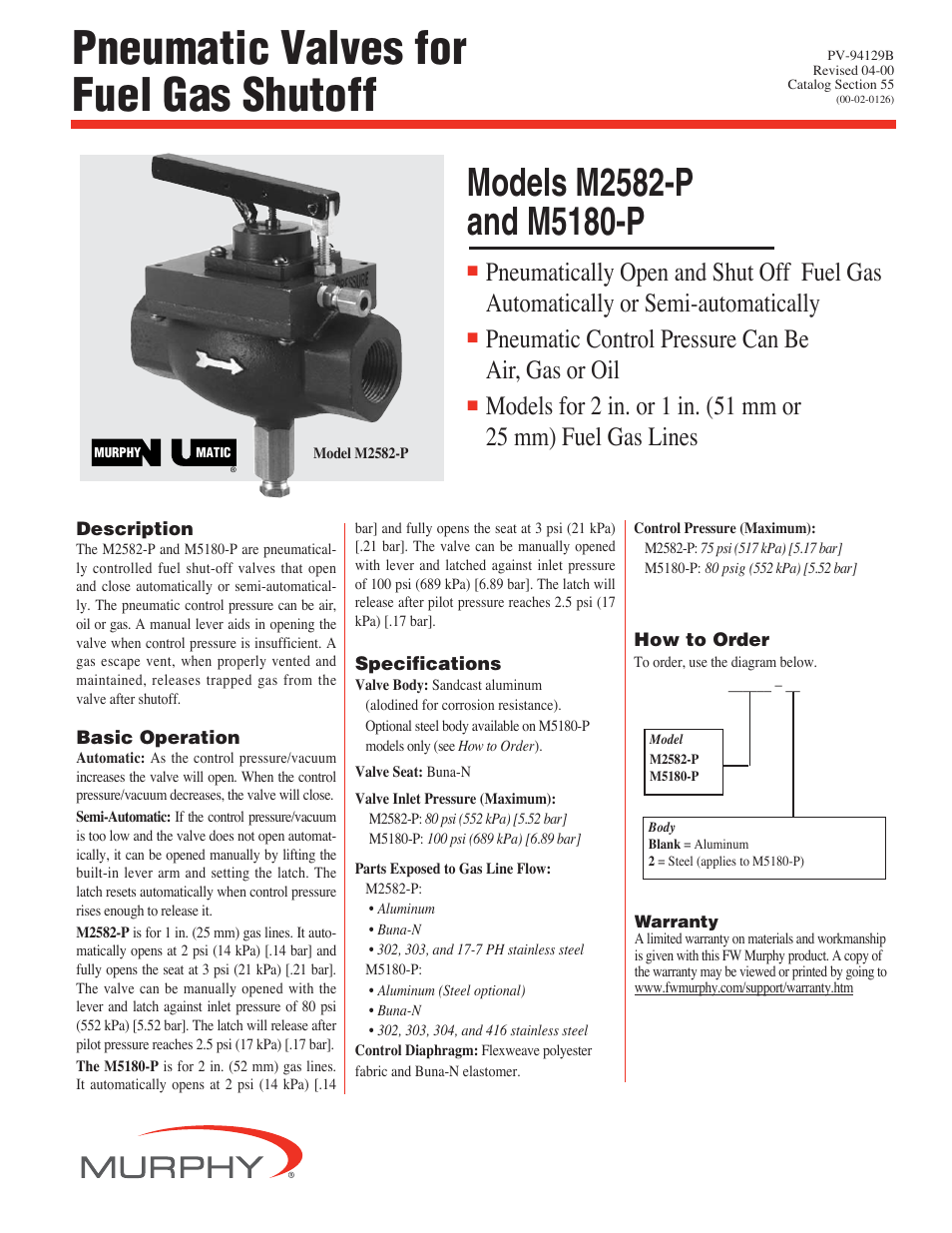 Murphy Pneumatic Valves M5180-P User Manual | 2 pages