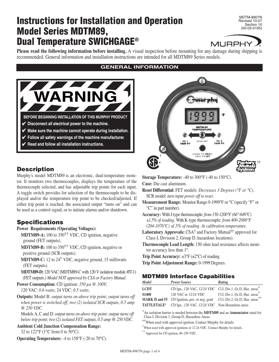 Murphy Dual Temperature SWICHGAGE MDTM89 User Manual | 4 pages