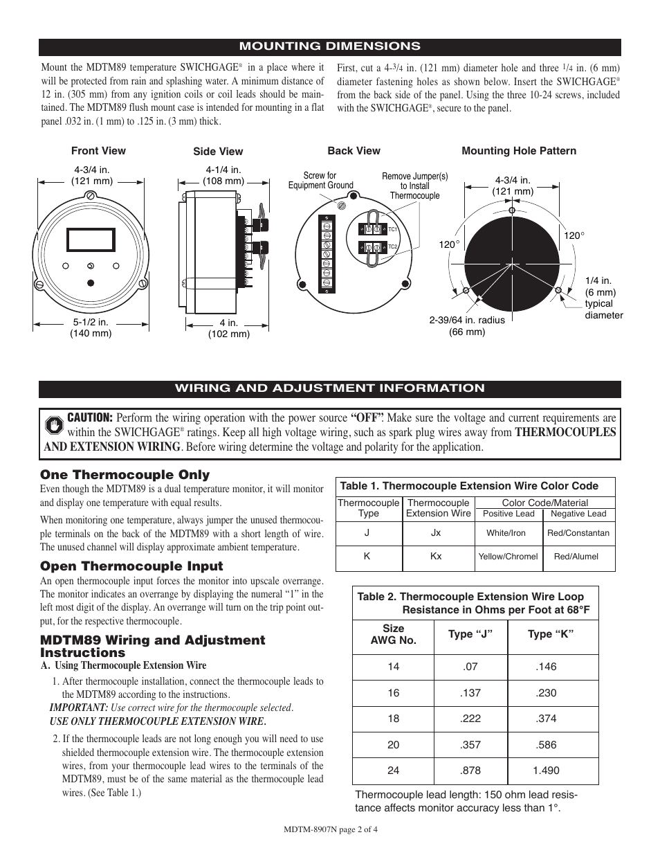 One thermocouple only, Open thermocouple input, Mdtm89 wiring and adjustment instructions | Murphy Dual Temperature SWICHGAGE MDTM89 User Manual | Page 2 / 4