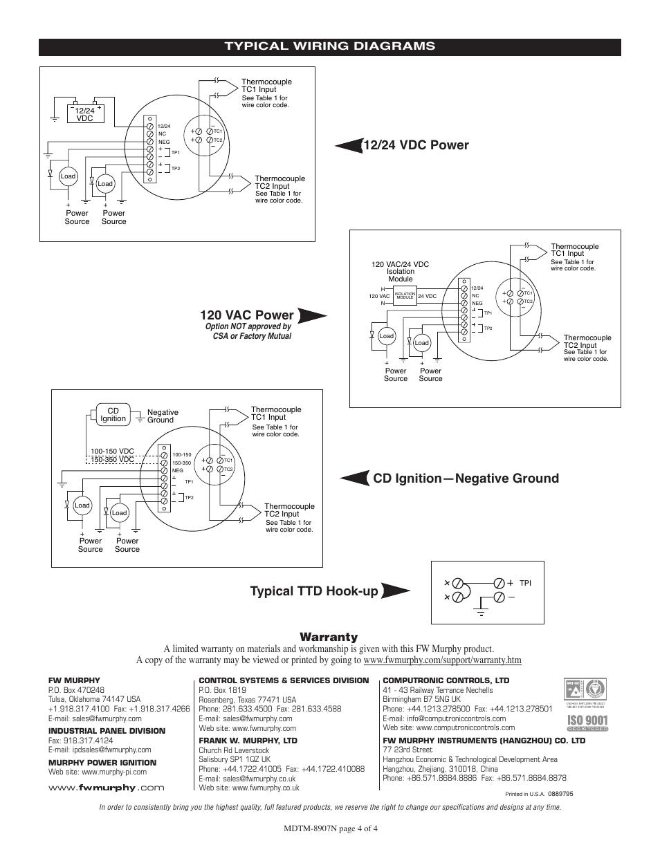 Fwmurphy, Typical ttd hook-up cd ignition—negative ground, Warranty | Typical wiring diagrams | Murphy Dual Temperature SWICHGAGE MDTM89 User Manual | Page 4 / 4