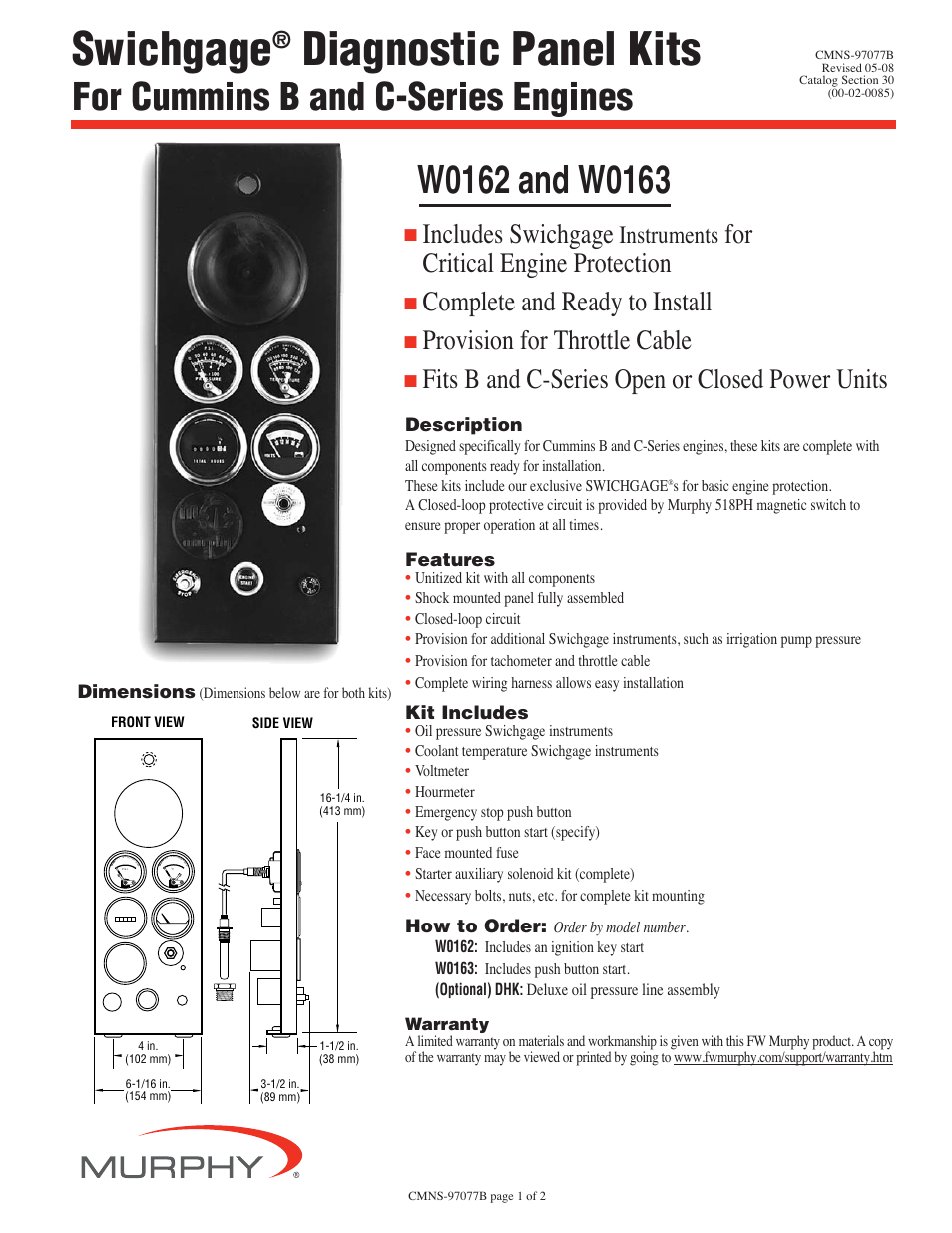 Murphy Swichgage Diagnostic Panel Kits W0163 User Manual | 2 pages