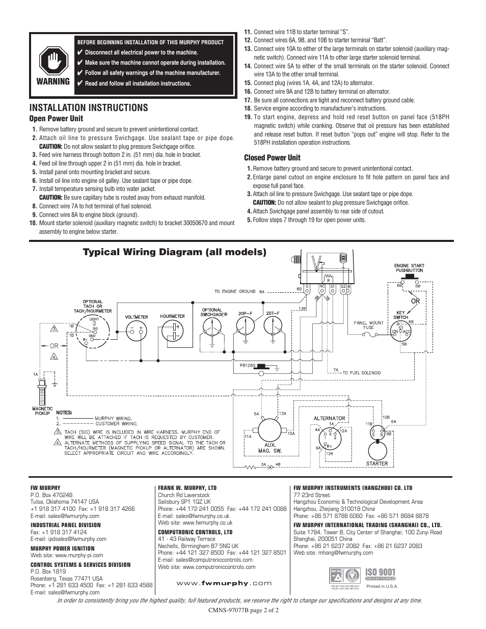 Fwmurphy, Installation instructions, Typical wiring diagram (all models) | Warning | Murphy Swichgage Diagnostic Panel Kits W0163 User Manual | Page 2 / 2