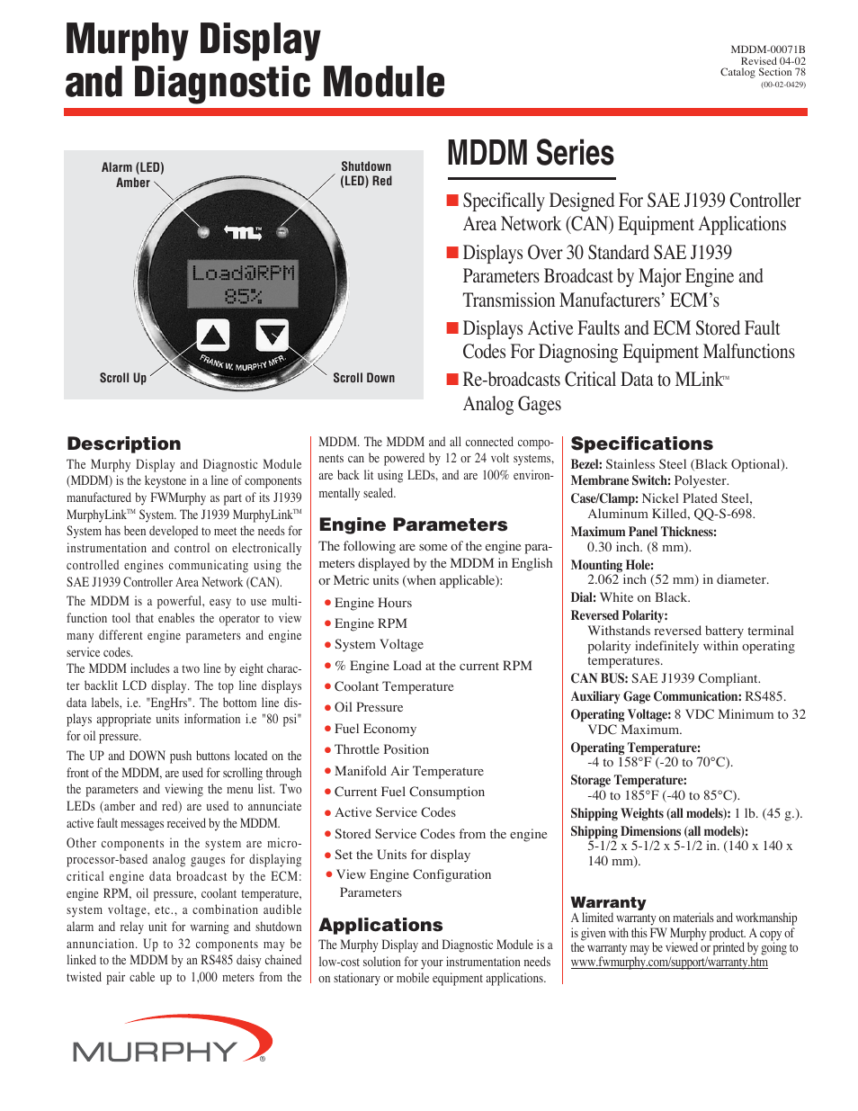 Murphy Display and Diagnostic Module MDDM User Manual | 2 pages