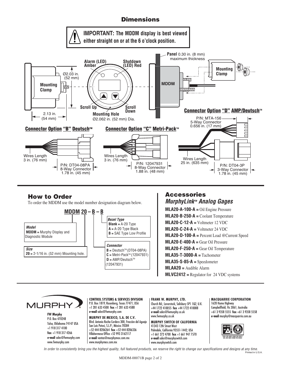 Dimensions how to order, Accessories murphylink, Analog gages | Important, Mddm 20 – b – b, Connector option “d” amp/deutsch, Connector option “c” metri-pack, Connector option “b” deutsch | Murphy Display and Diagnostic Module MDDM User Manual | Page 2 / 2