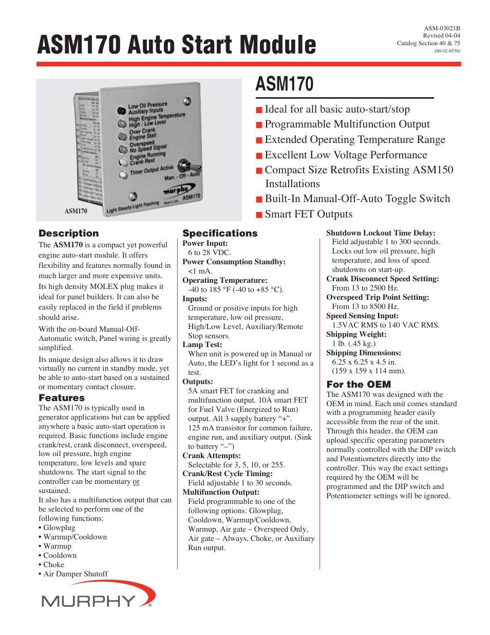 Murphy Auto Start Module ASM170 User Manual | 2 pages