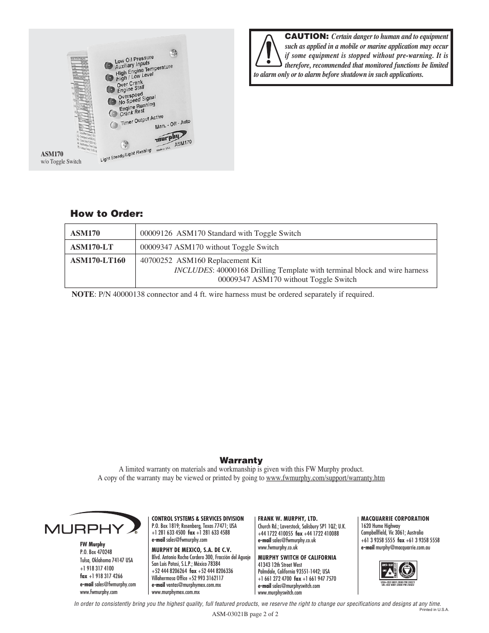 How to order, Warranty | Murphy Auto Start Module ASM170 User Manual | Page 2 / 2