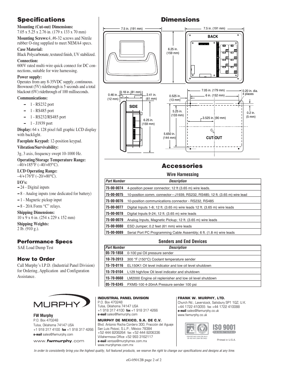 Specifications, Dimensions, Accessories | Performance specs, How to order | Murphy EG-05012B User Manual | Page 2 / 2