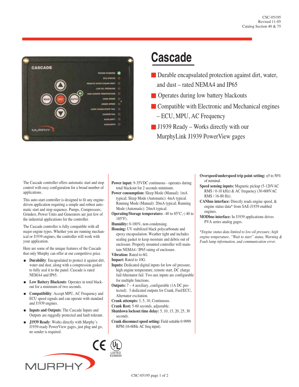 Murphy Auto-Start/Stop Controller Cascade User Manual | 2 pages