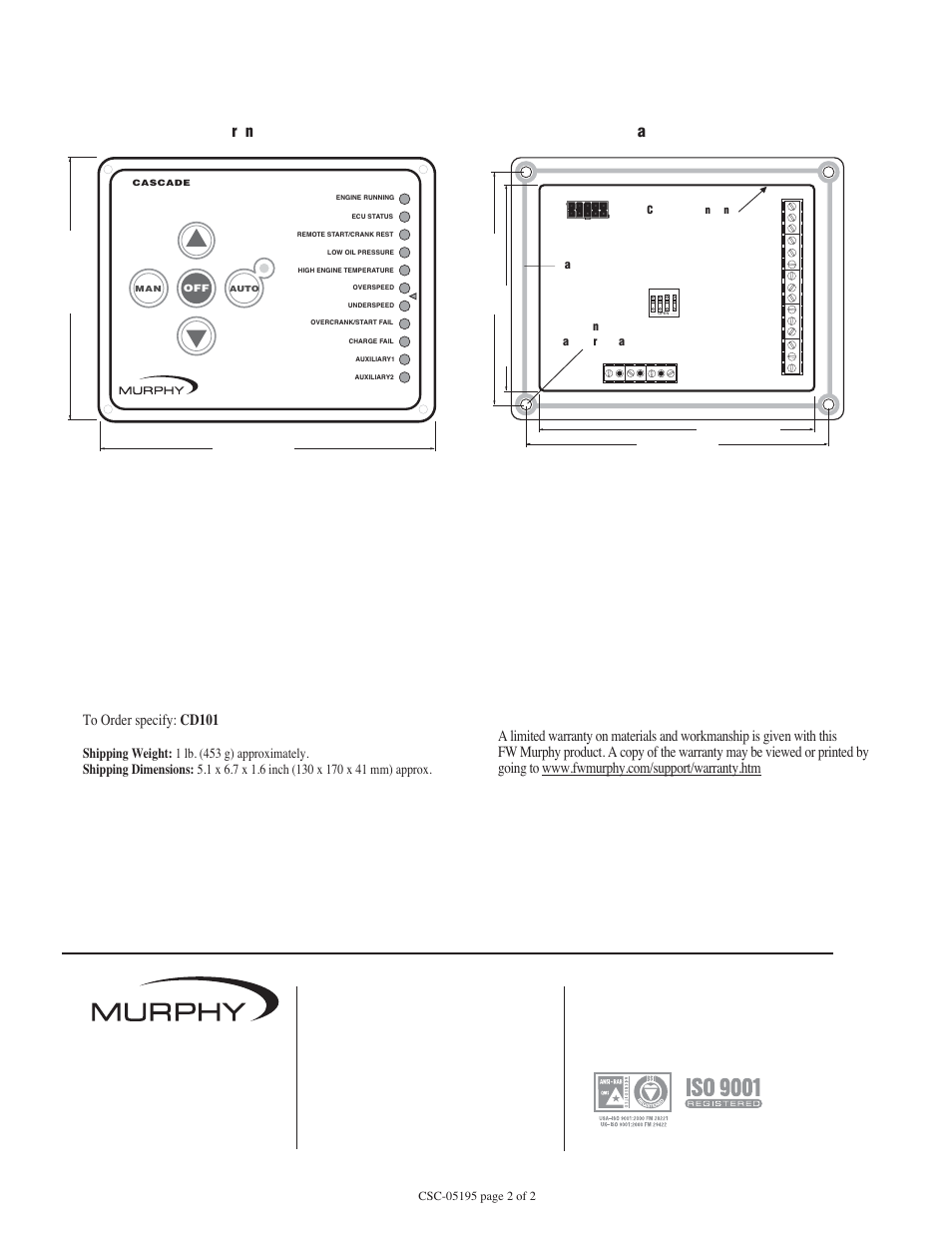 Cascade auto-start controller dimensions, How to order the cascade controller, Warranty | Front view back view, Fw murphy | Murphy Auto-Start/Stop Controller Cascade User Manual | Page 2 / 2
