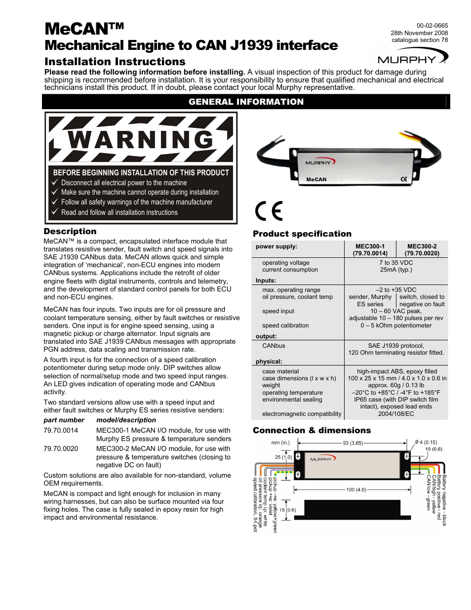 Murphy MeCAN I/O Module MEC300-1 User Manual | 3 pages