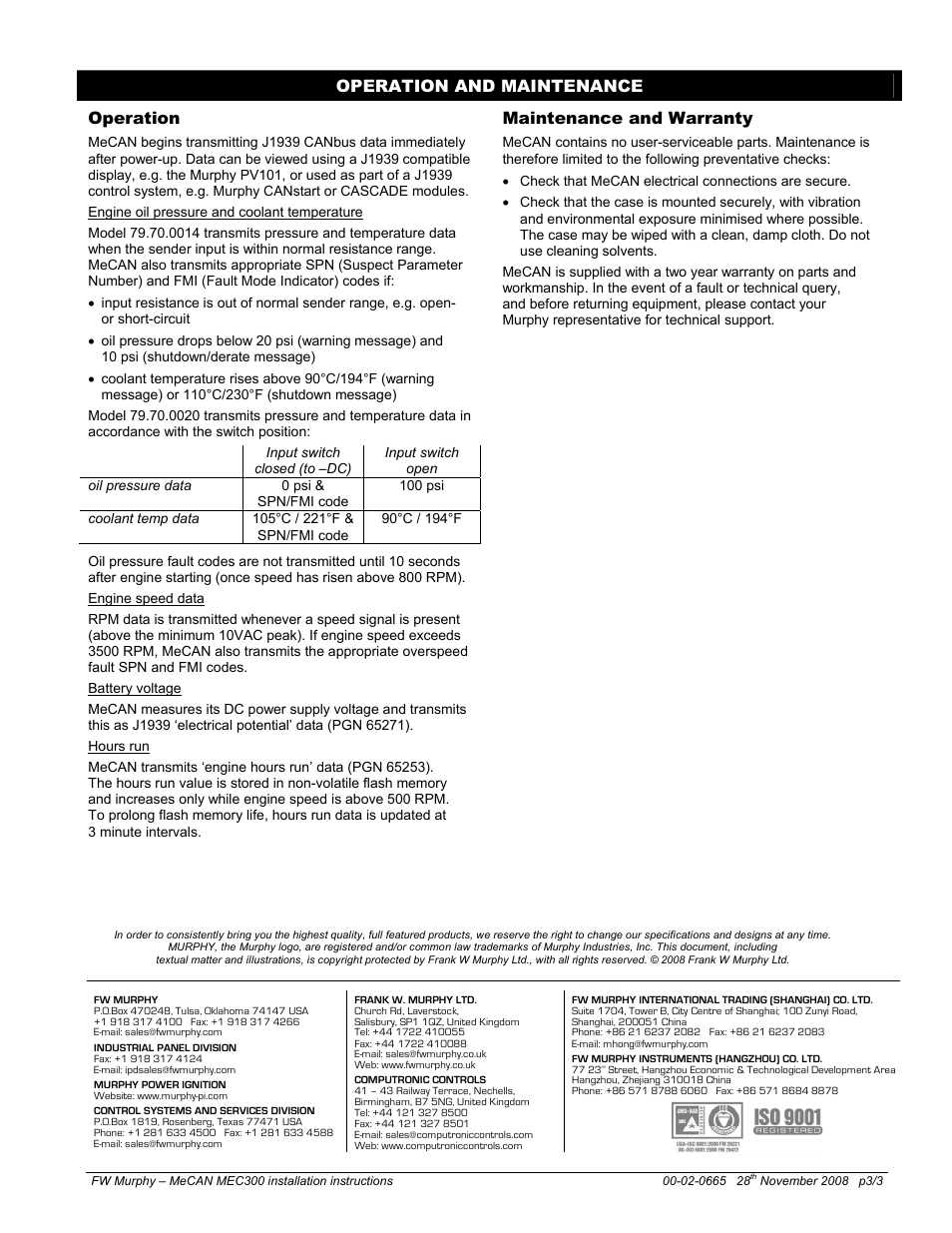 Operation, Maintenance and warranty, Operation and maintenance | Murphy MeCAN I/O Module MEC300-1 User Manual | Page 3 / 3