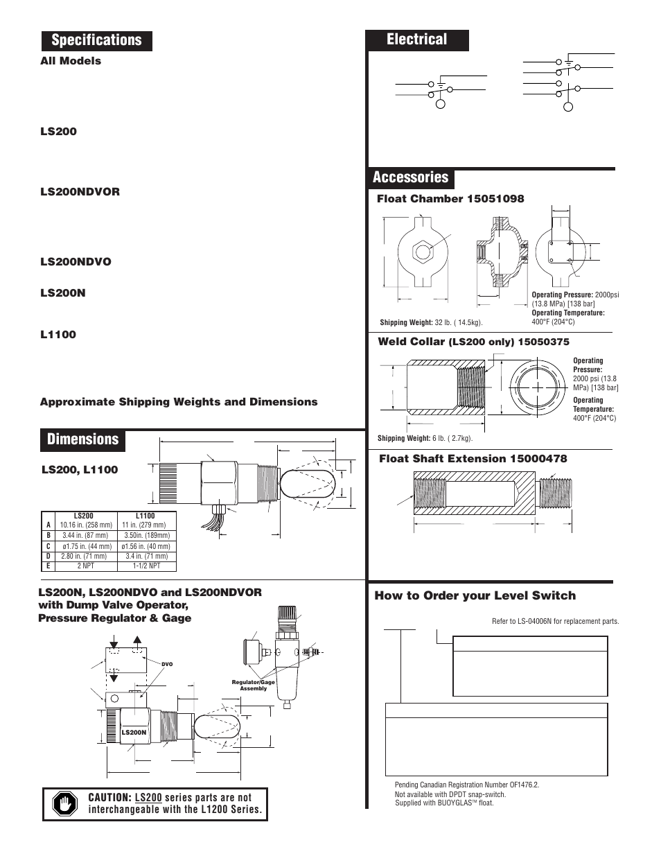 Electrical dimensions specifications accessories, How to order your level switch, Weld collar | All models, Ls200, Ls200ndvor, Ls200ndvo, Ls200n, L1100, Approximate shipping weights and dimensions | Murphy LS200 Series User Manual | Page 2 / 2