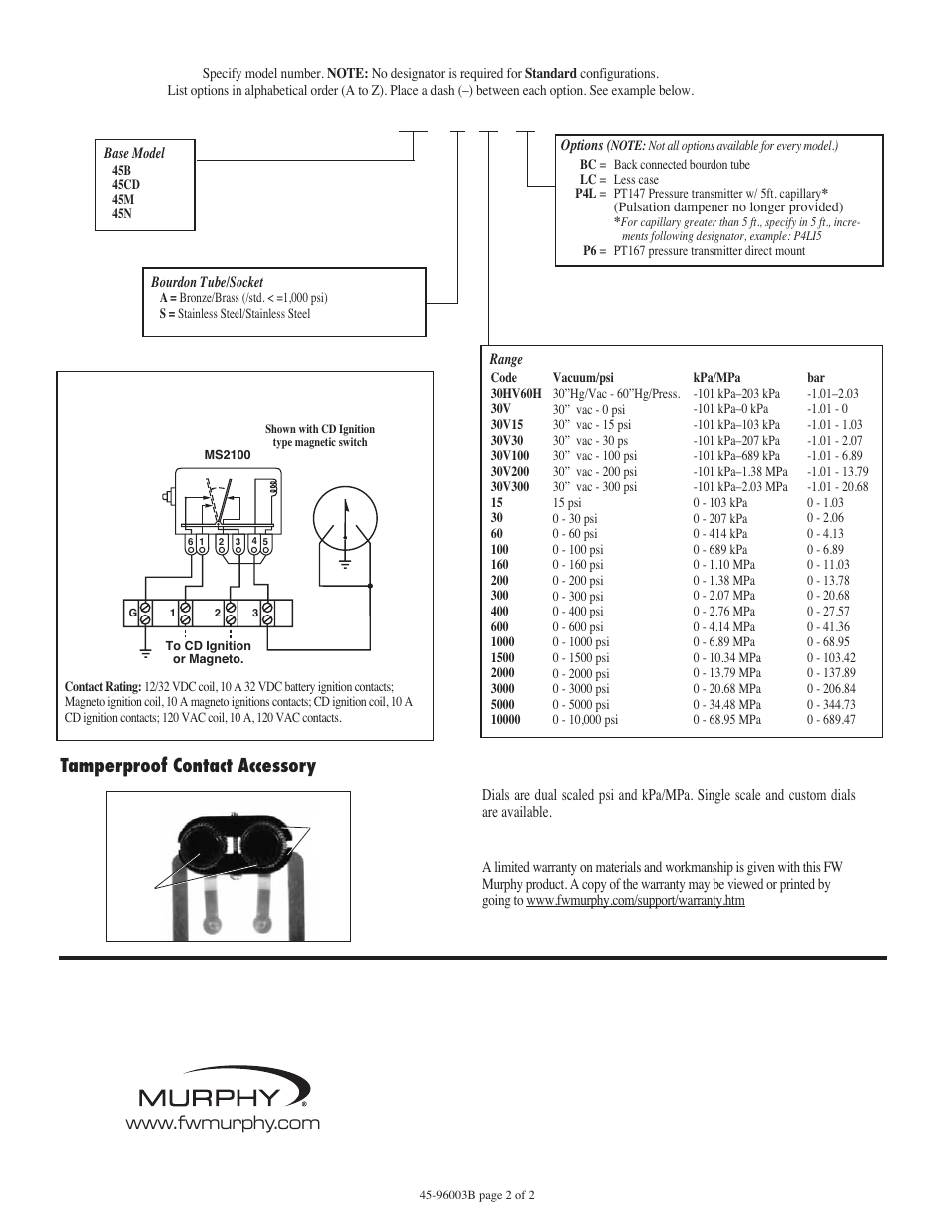 45b – s – 60 – how to order, Tamperproof contact accessory, Dials | Warranty, 45 series typical wiring diagram | Murphy Swichgage 45 Series User Manual | Page 2 / 2