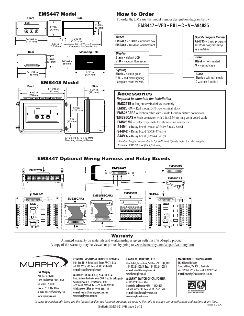 How to order, Accessories, Warranty | Ems447, Lighting blank, Model ems447, Ems448, Display blank, S449-2, S449-4 | Murphy EMS448 User Manual | Page 2 / 2
