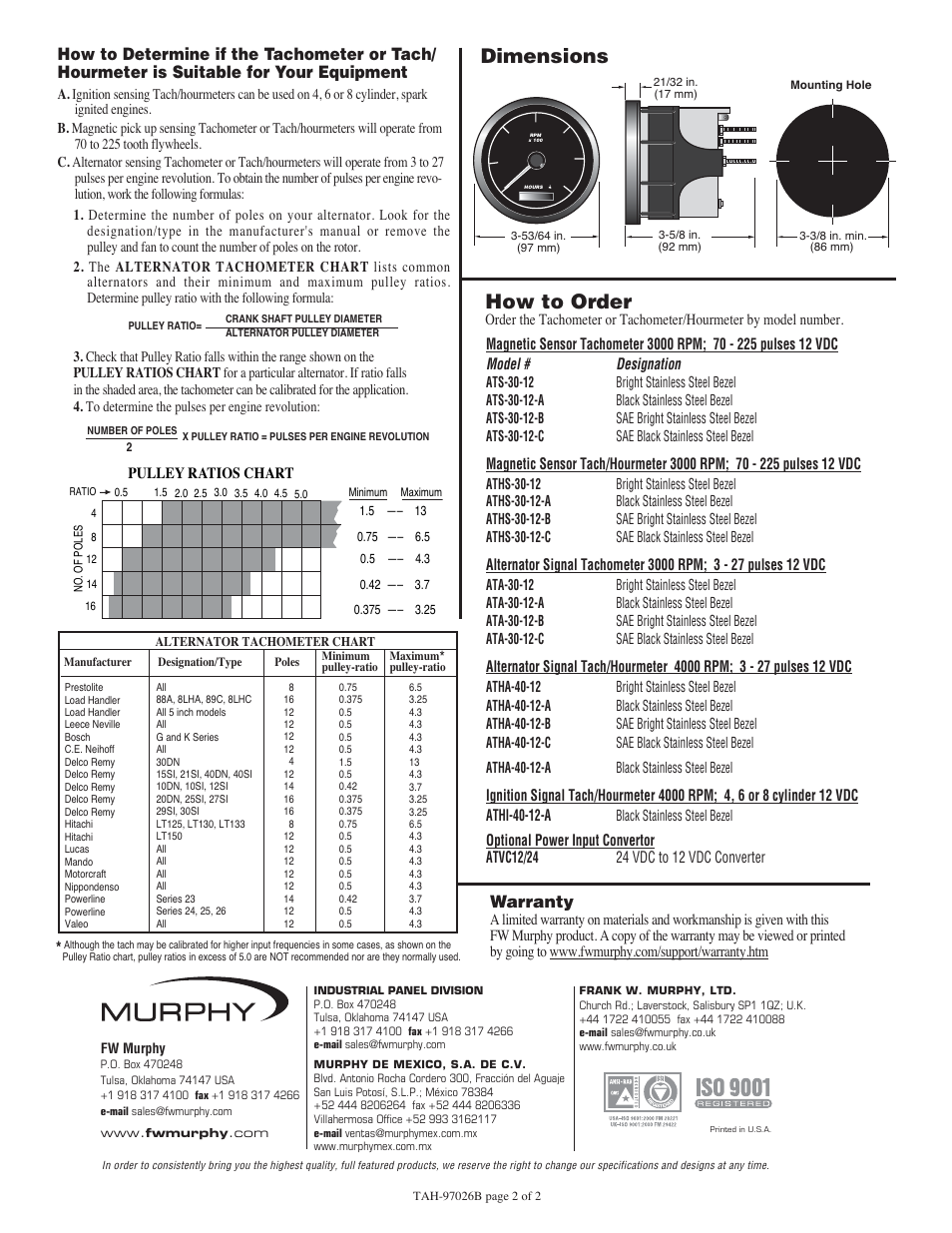 How to order, Dimensions, Warranty | Murphy TAH-97026B User Manual | Page 2 / 2