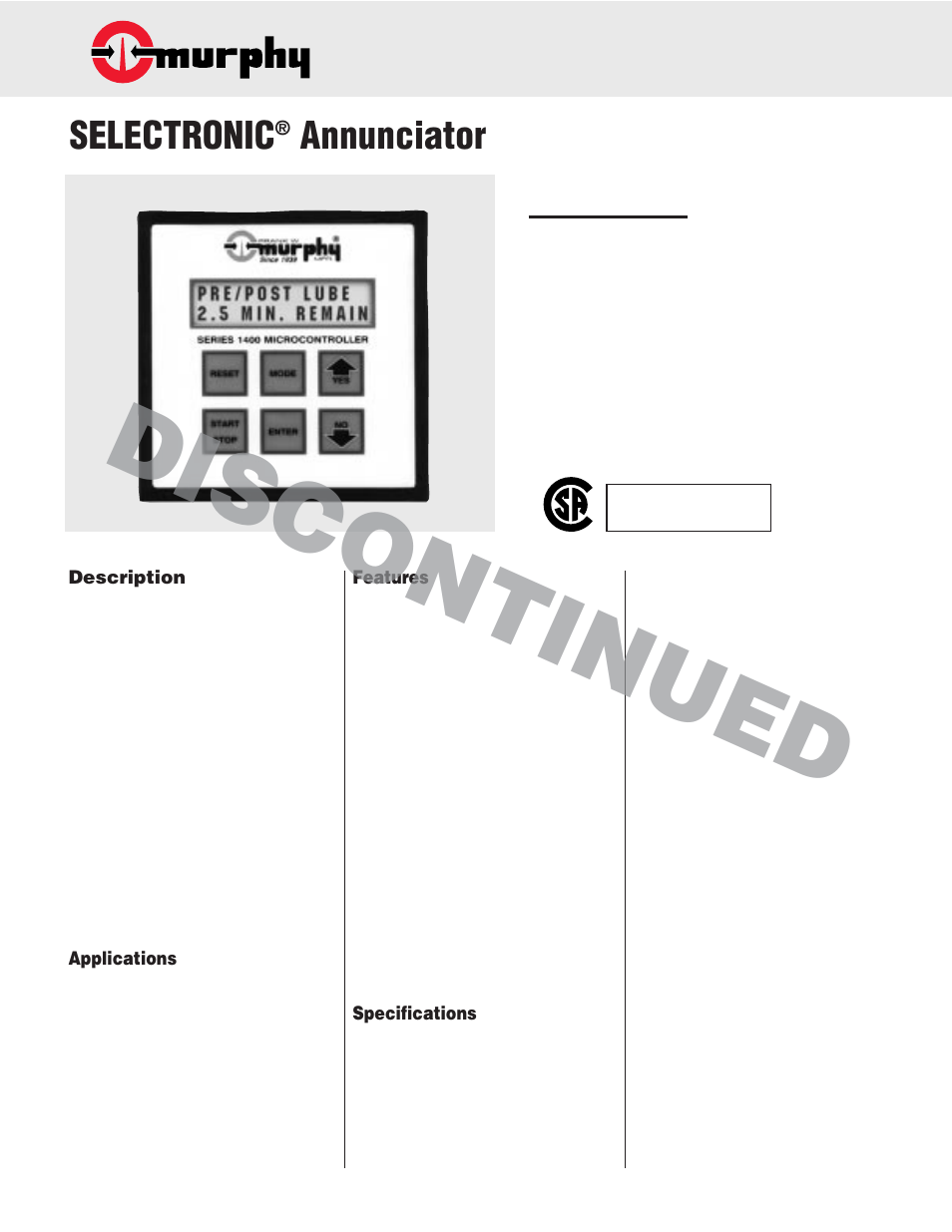 Murphy Selectronic Annunciator Series 1400 User Manual | 2 pages