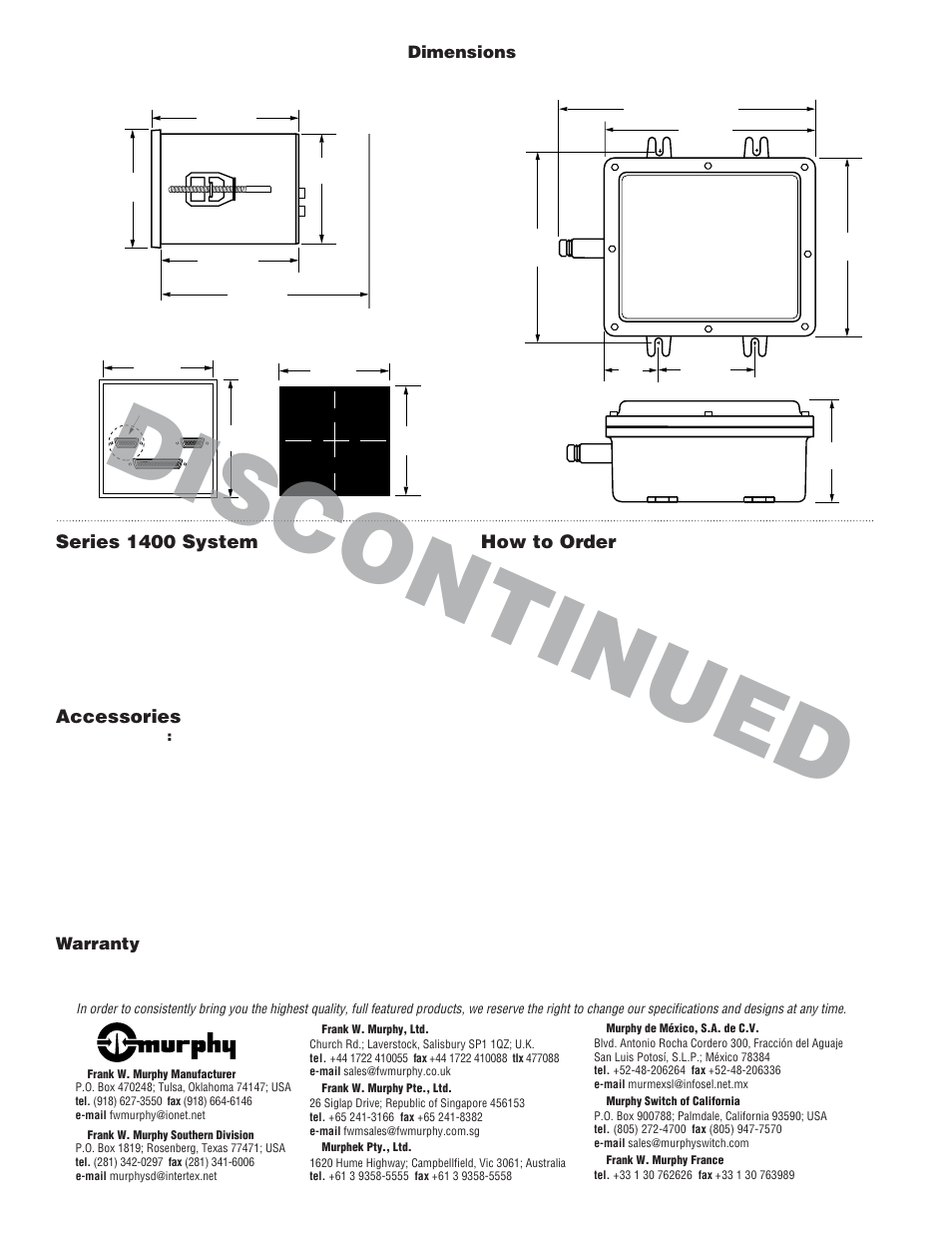 Discontinued, Series 1400 system, Accessories | How to order | Murphy Selectronic Annunciator Series 1400 User Manual | Page 2 / 2