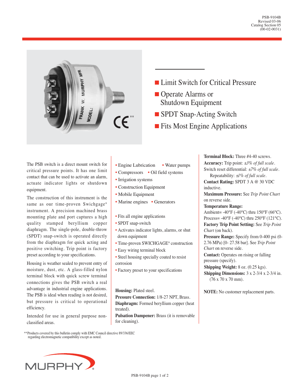 Murphy PSB User Manual | 2 pages